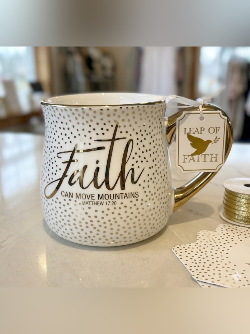 Faith Can Move Mountains White & Gold Ceramic Mug - Inspirational Scripture Mug